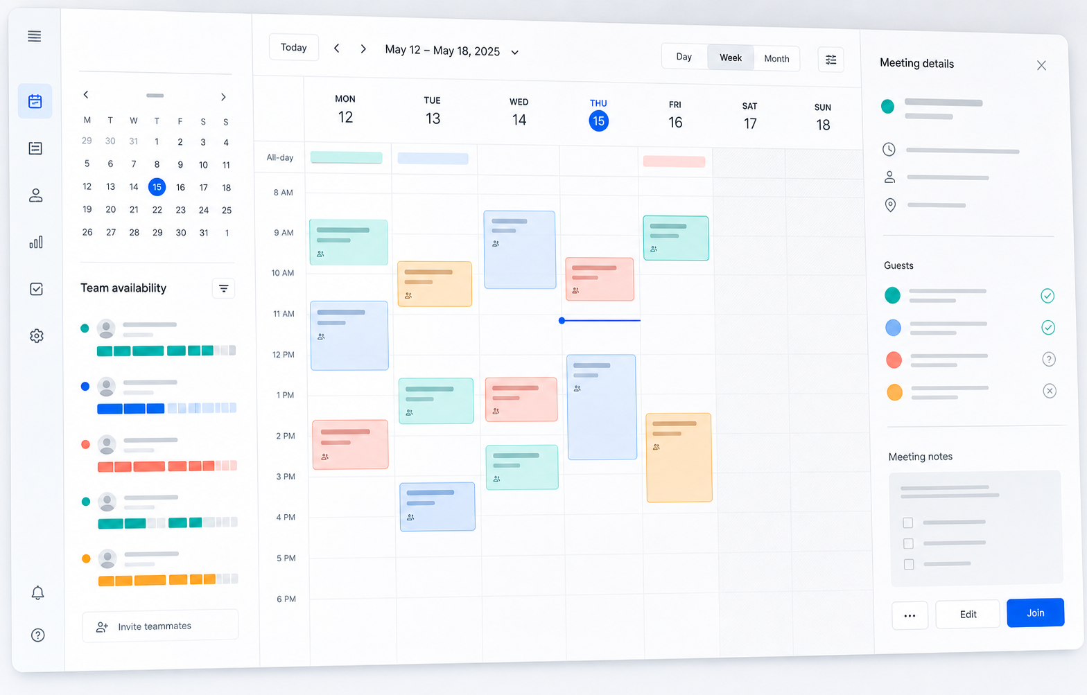A weekly scheduling dashboard with team availability