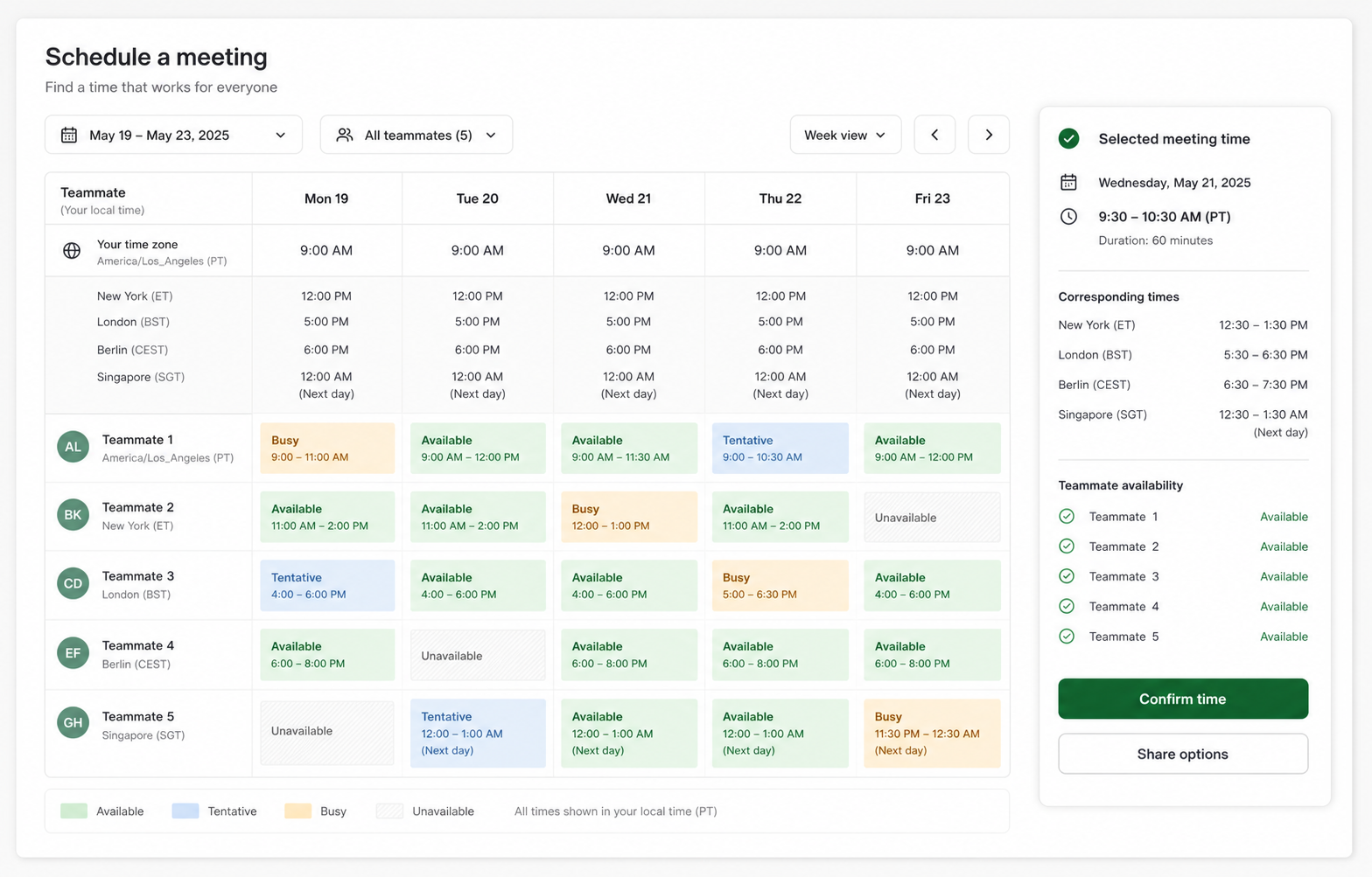 Timezone-aware team availability interface